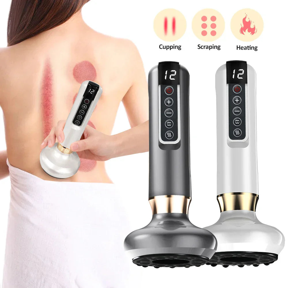 Massage gun being used on a person's back with product display and feature icons.