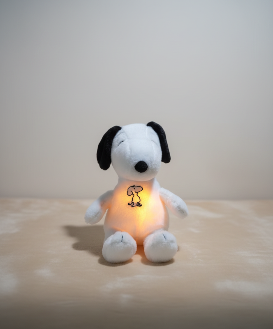 Plush dog toy with a glowing light on a wooden surface