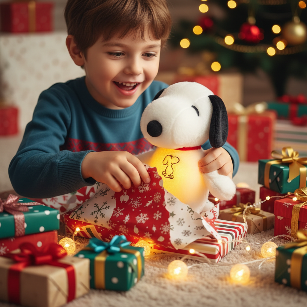 Child opening a Christmas present with a Snoopy toy in a festive setting.
