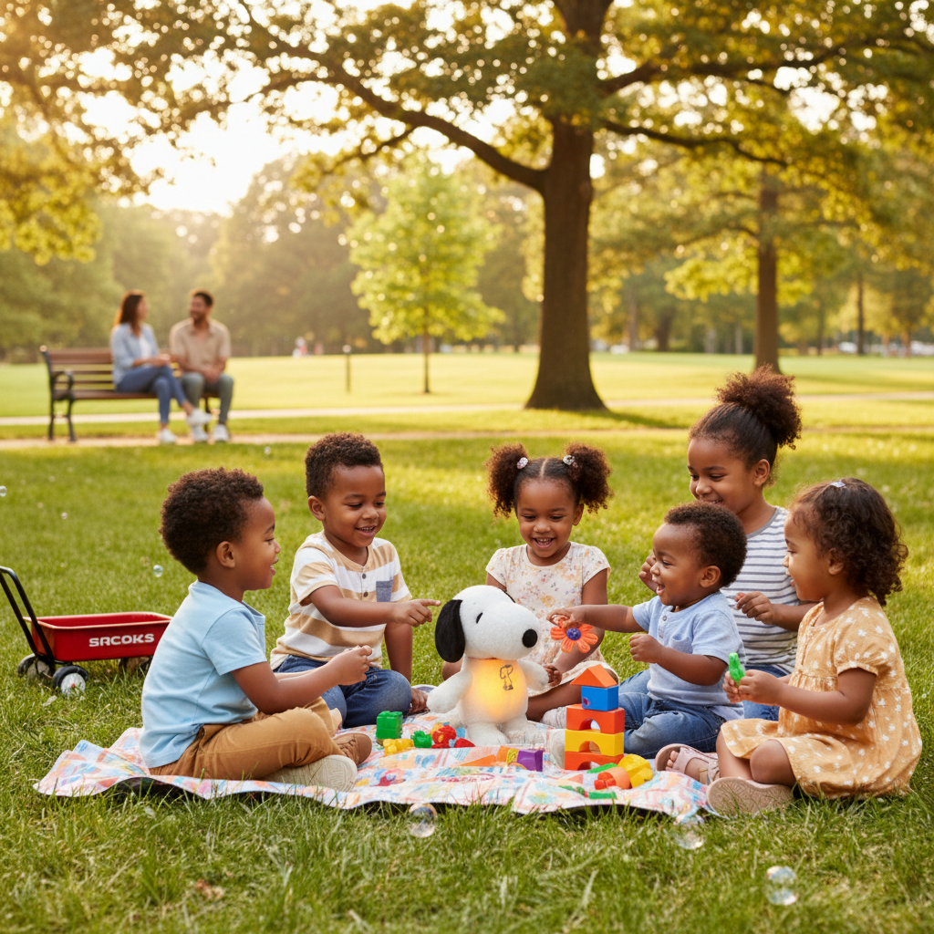 Children playing with toys on a blanket in a park
