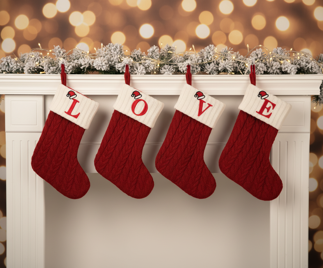 Four red Christmas stockings with 'LOVE' on a fireplace mantle against a bokeh light background.