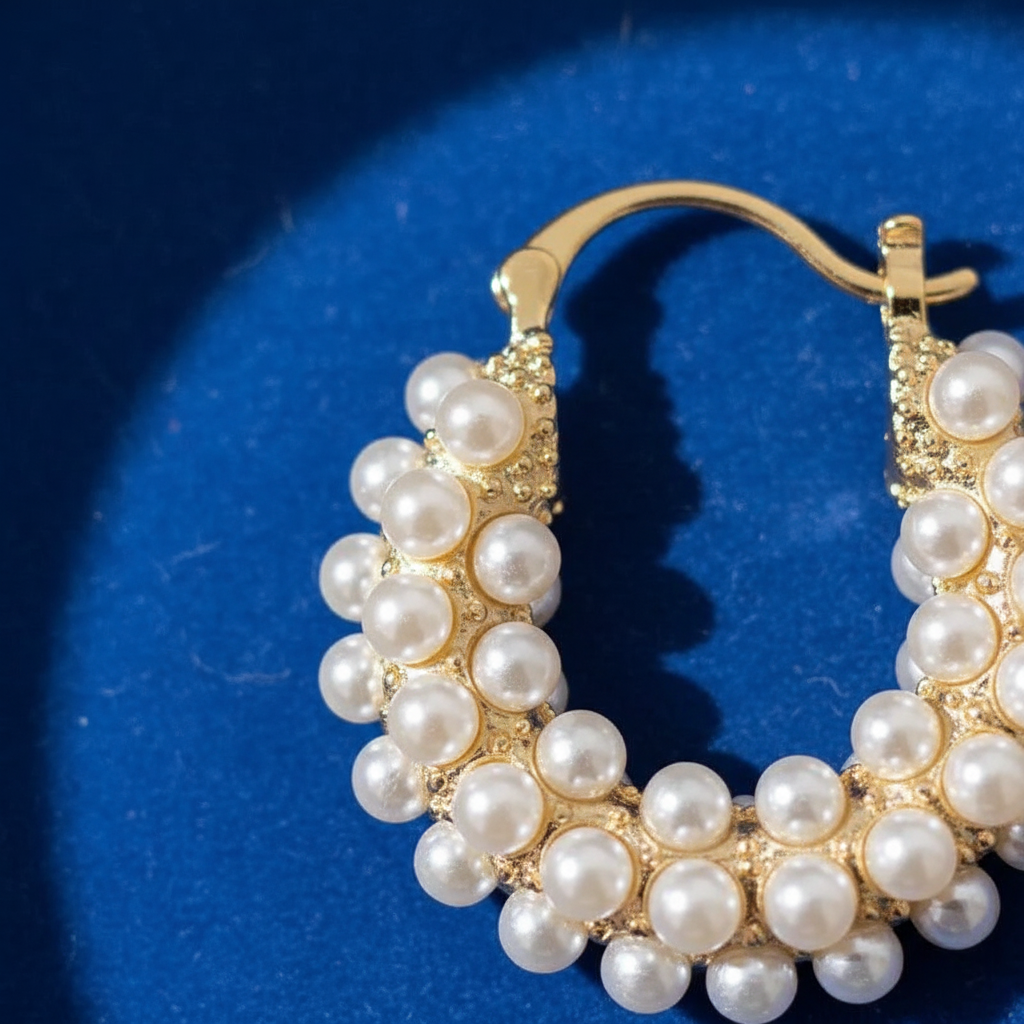 Pearl hoop earrings with gold accents on a blue background