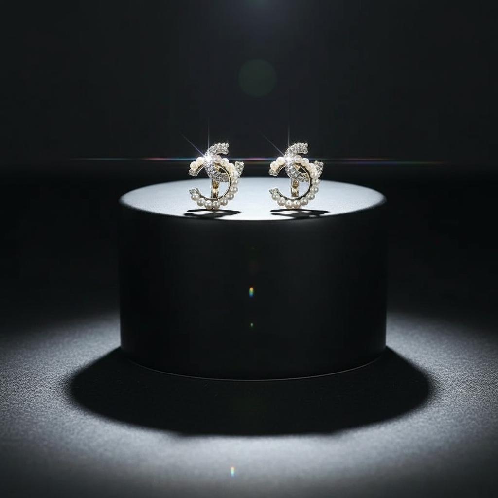 Pair of diamond earrings on a black round stand with dark background