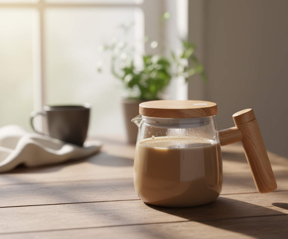 Glass jar with wooden lid and handle filled with a brown liquid on a wooden surface.