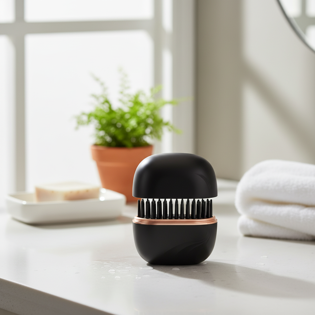 Black and rose gold hairbrush on a bathroom counter with a plant and towel in the background