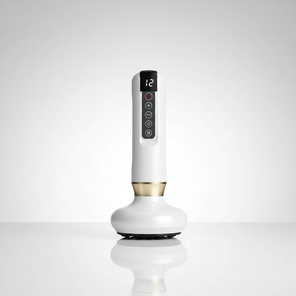 White and gold electronic device with digital display on a reflective surface