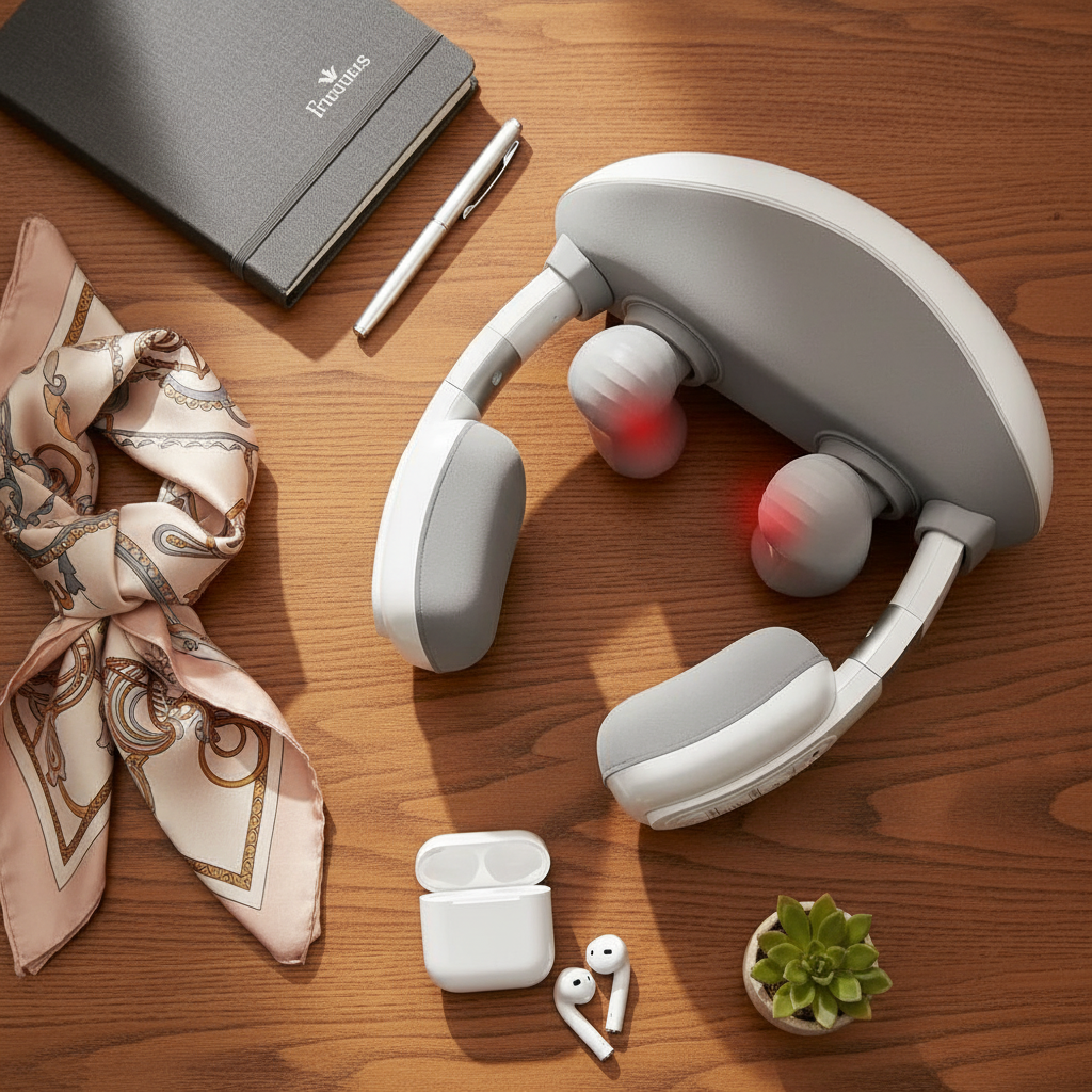 White wireless earbuds on a wooden surface with a notebook, pen, and plant.