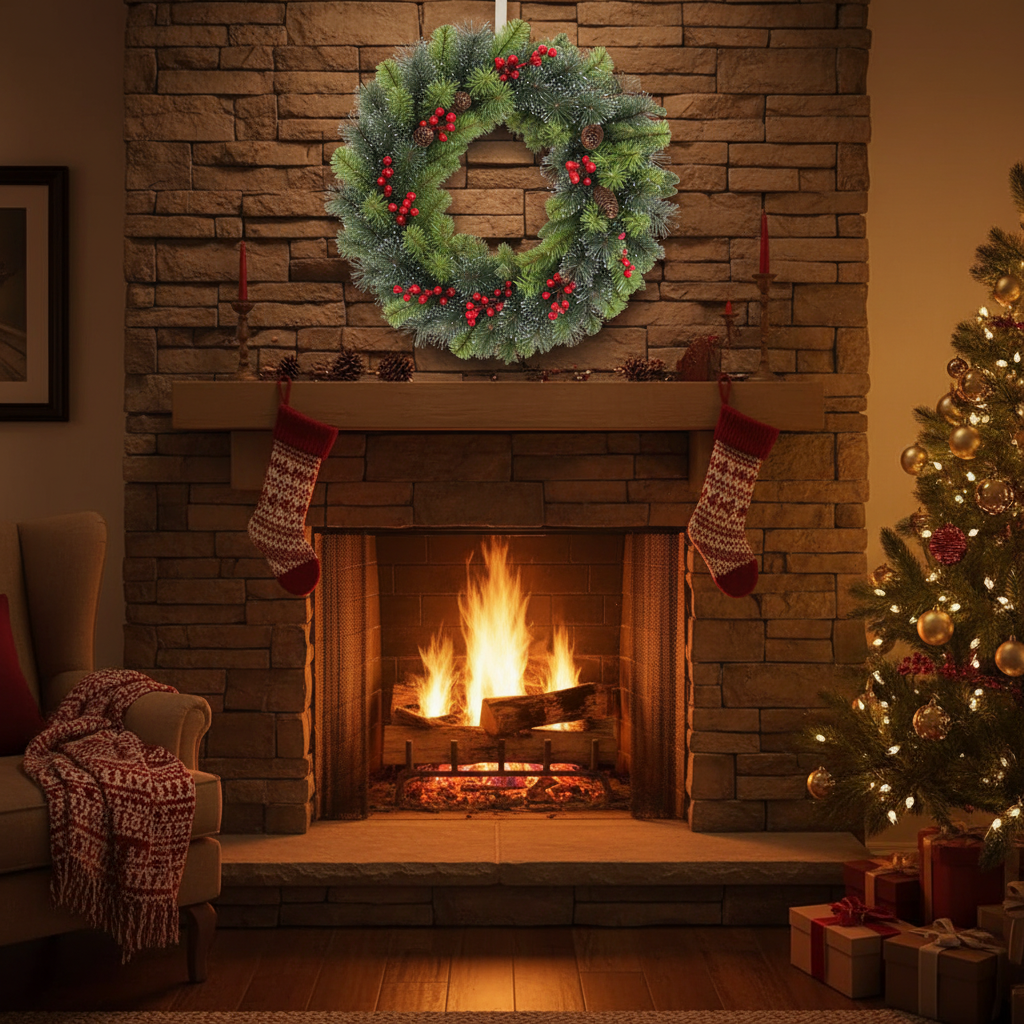 Cozy living room with a fireplace, wreath, stockings, and Christmas tree.