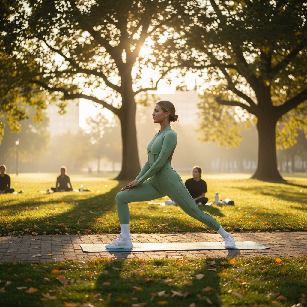 Woman practicing yoga in a park with trees and people in the background
