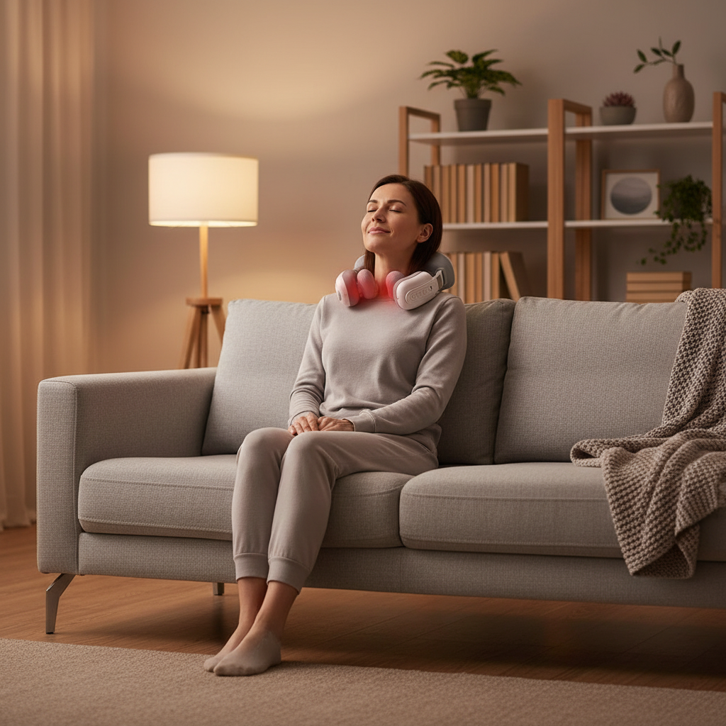 Woman sitting on a couch with a neck massager, in a cozy living room setting.