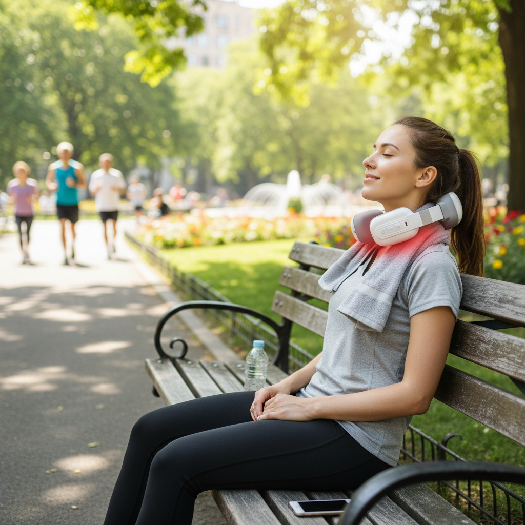 Woman sitting on a park bench with a neck brace and towel, surrounded by a park setting.