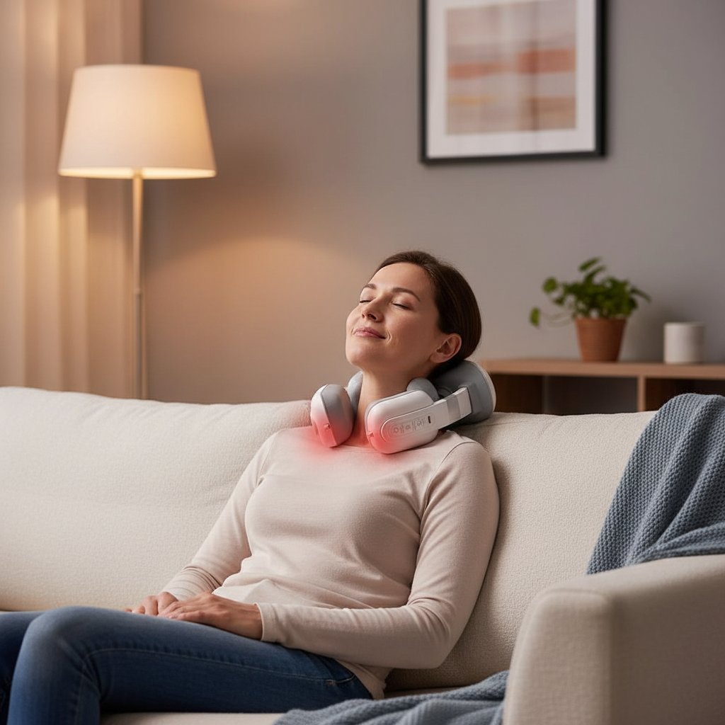 Woman using a neck massager in a cozy living room