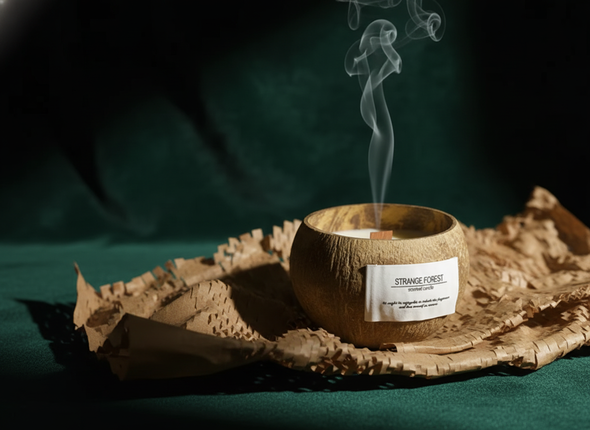 Wooden bowl with a candle and label on a dark green background