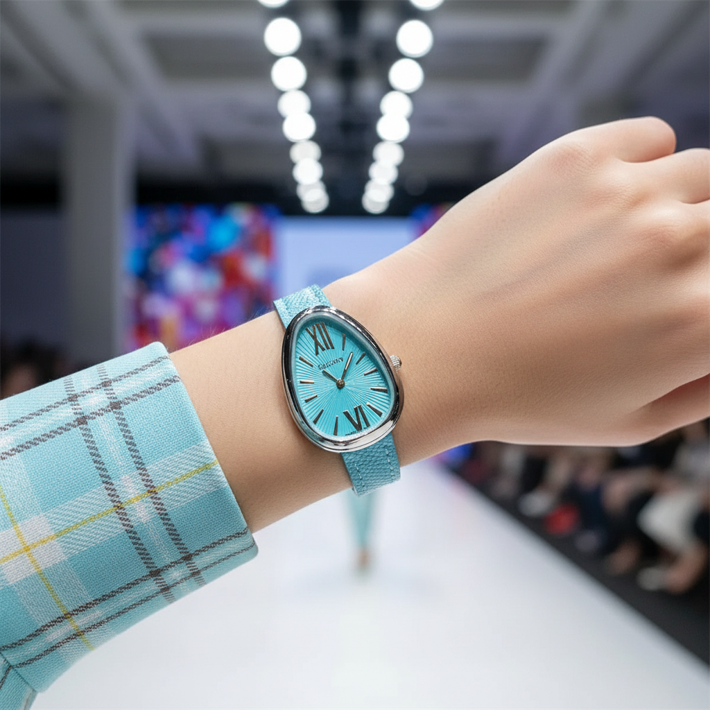 Hand wearing a turquoise watch with a blurred indoor background