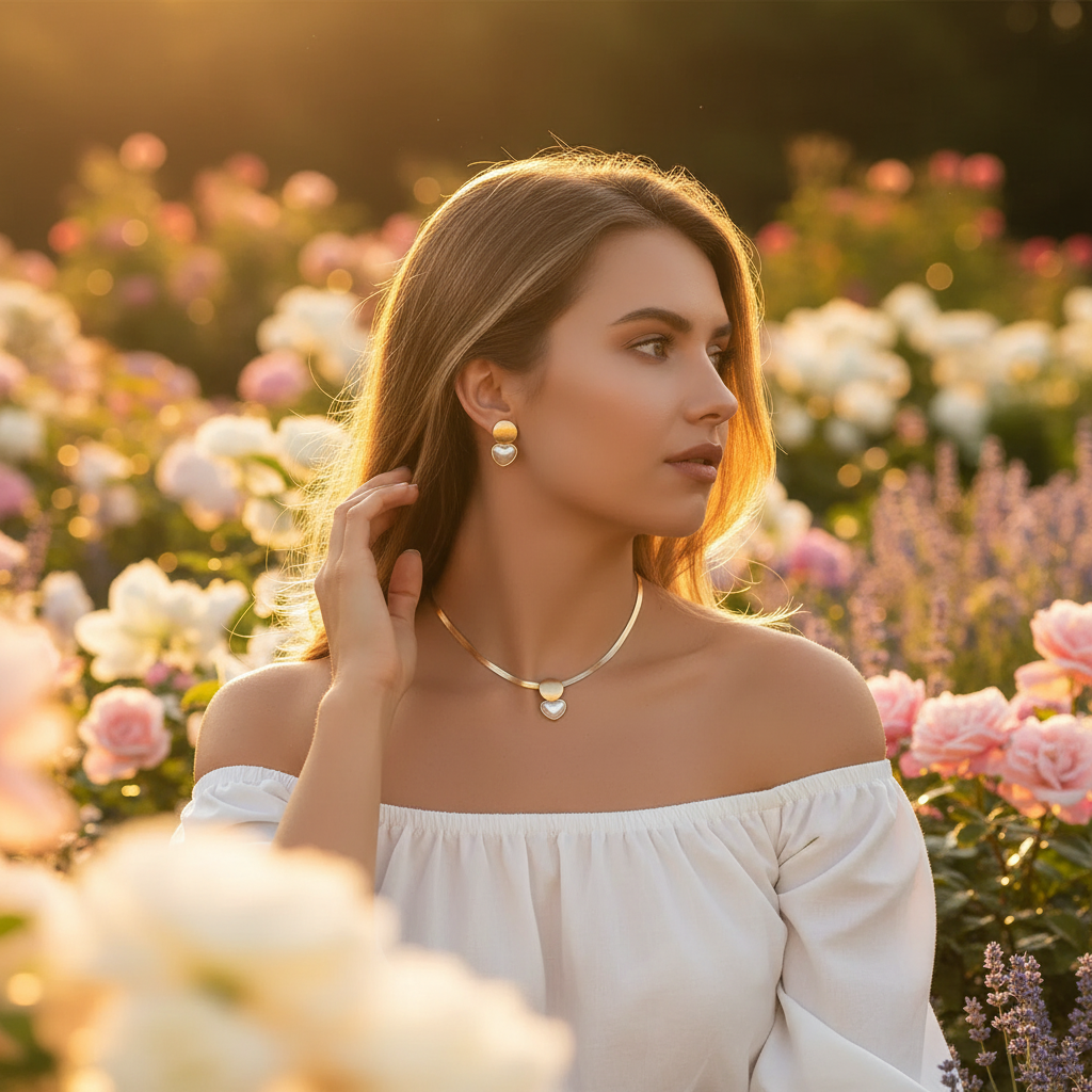 Woman in a white off-shoulder top standing in a field of flowers with a warm glow.