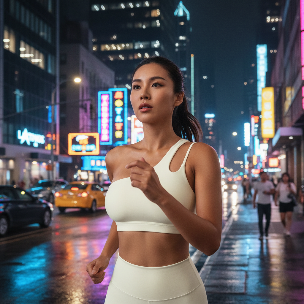 Woman in athletic wear on a neon-lit city street at night