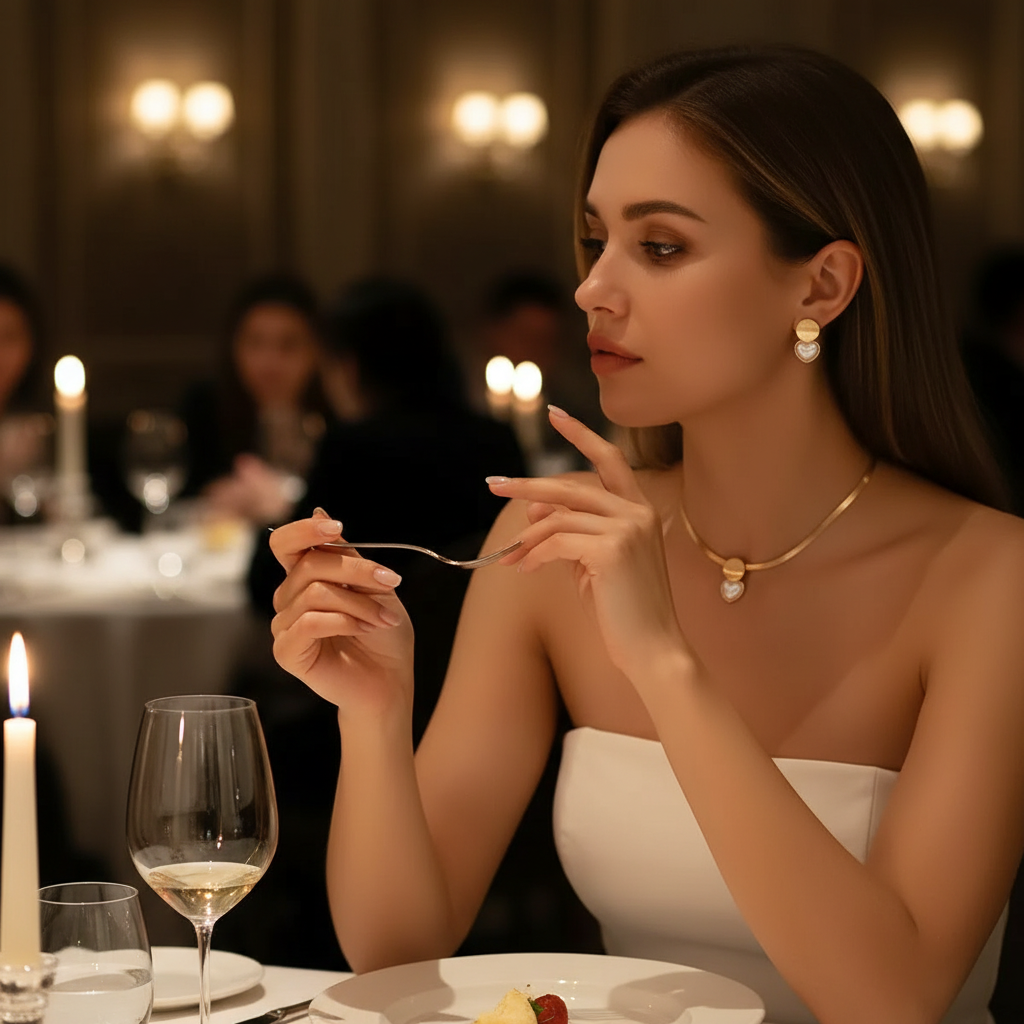 Woman in a white dress sitting at a dinner table with wine and candles in a dimly lit restaurant.