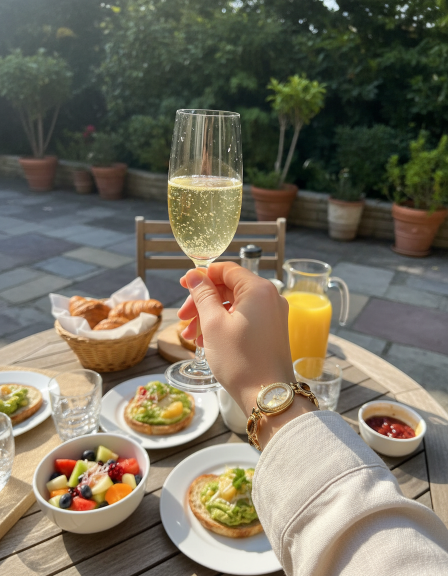 Person holding a glass of champagne outdoors with a breakfast table in the background