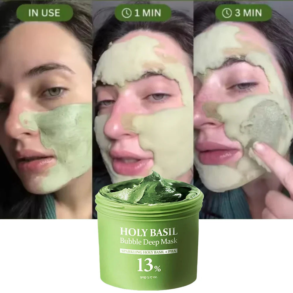 Collage of a woman applying a green bubble deep mask to her face with a container labeled 'Holy Basil Bubble Deep Mask' below.