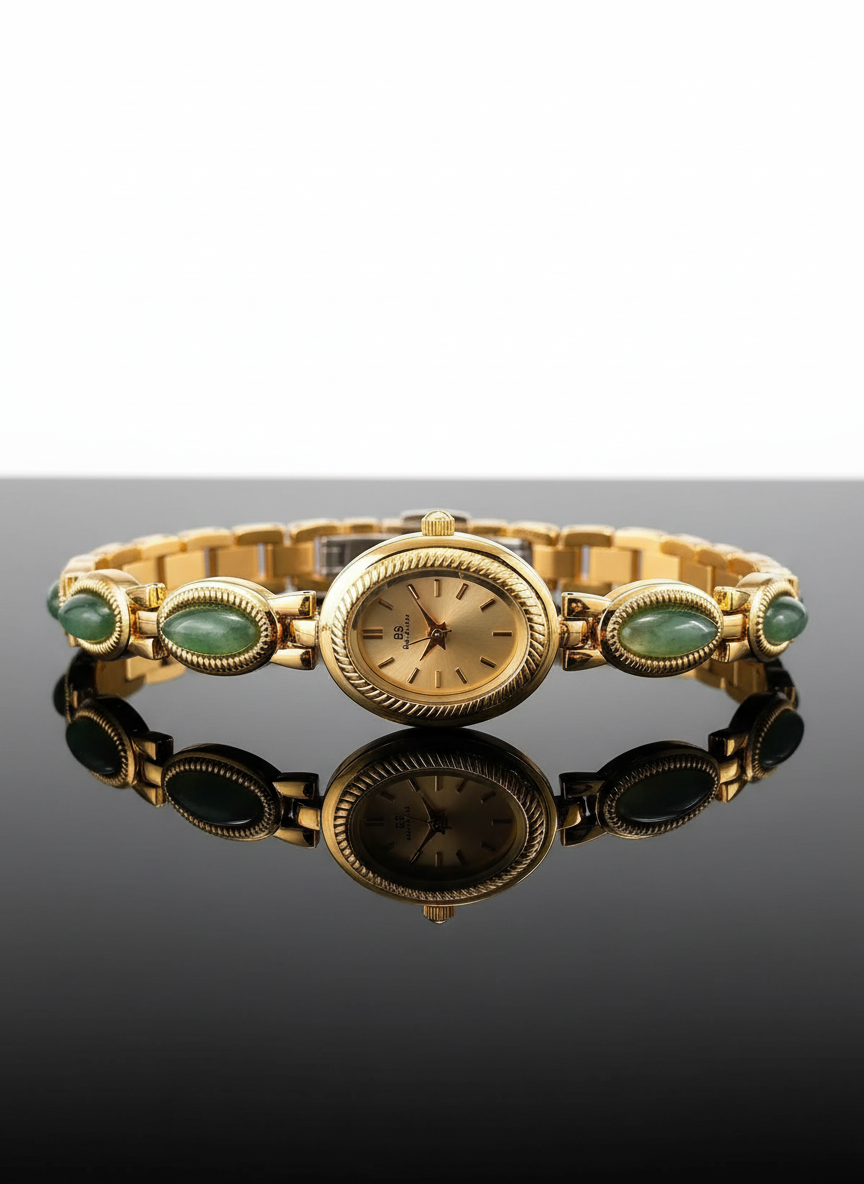 Gold bracelet with green gemstones on a reflective surface