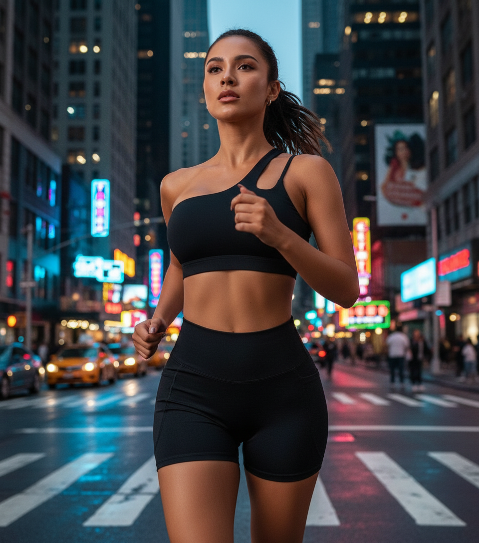 Woman in athletic wear running on a city street at night with neon lights.