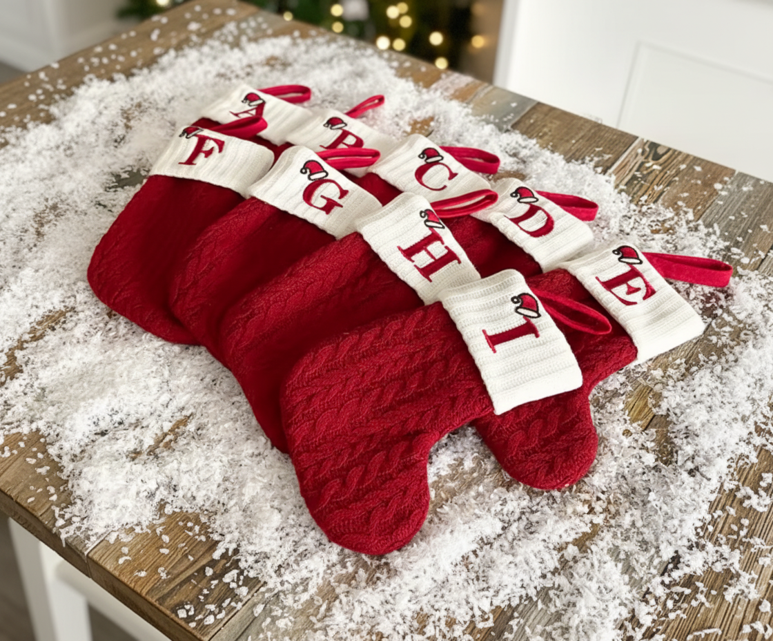 Red Christmas stockings with white letters on a wooden table with snow-like material.