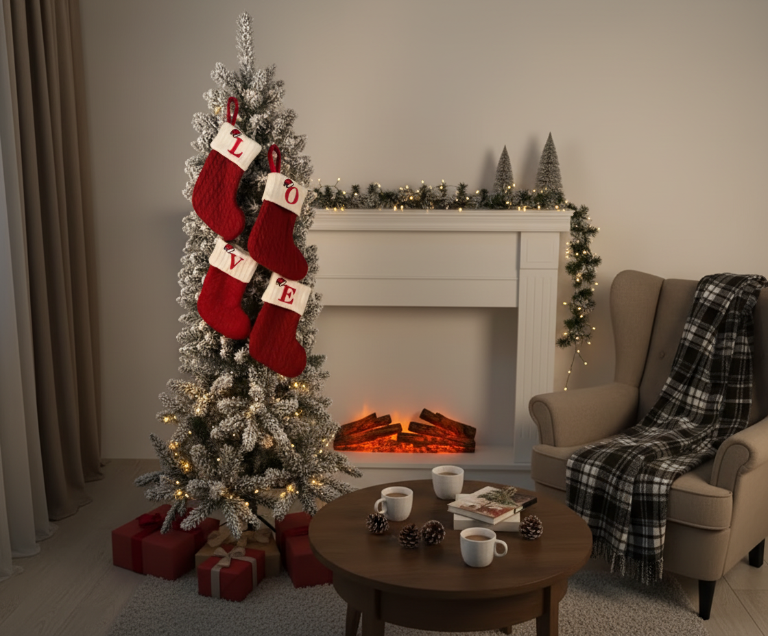 Cozy living room with Christmas tree, stockings, and fireplace.