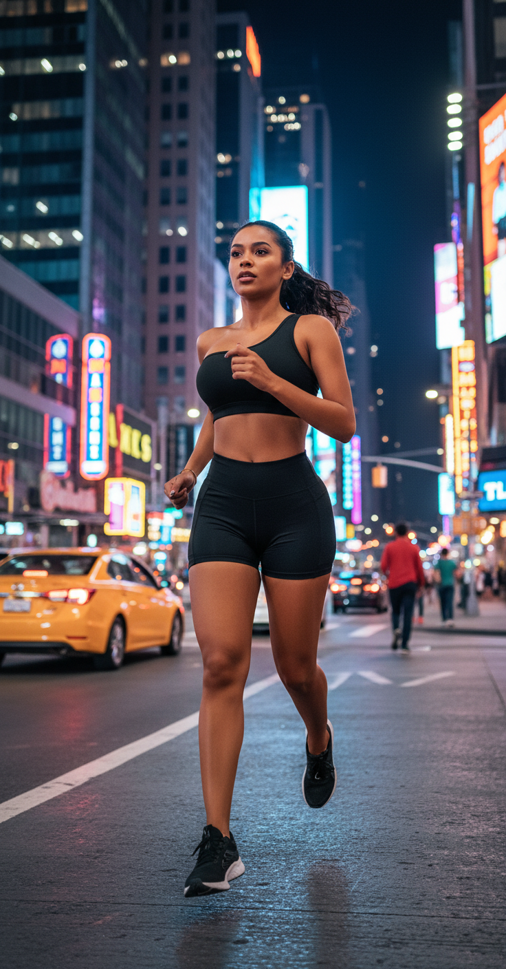 Woman running on a city street at night with neon lights in the background